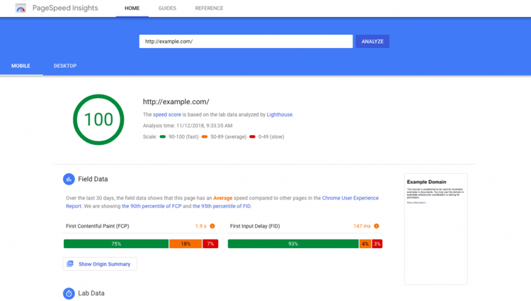 google page speed insights screenshot